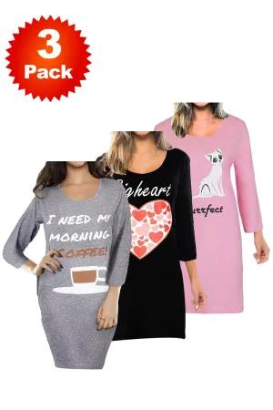 3 Pack Womens Long Sleeve Cotton Night Shirts