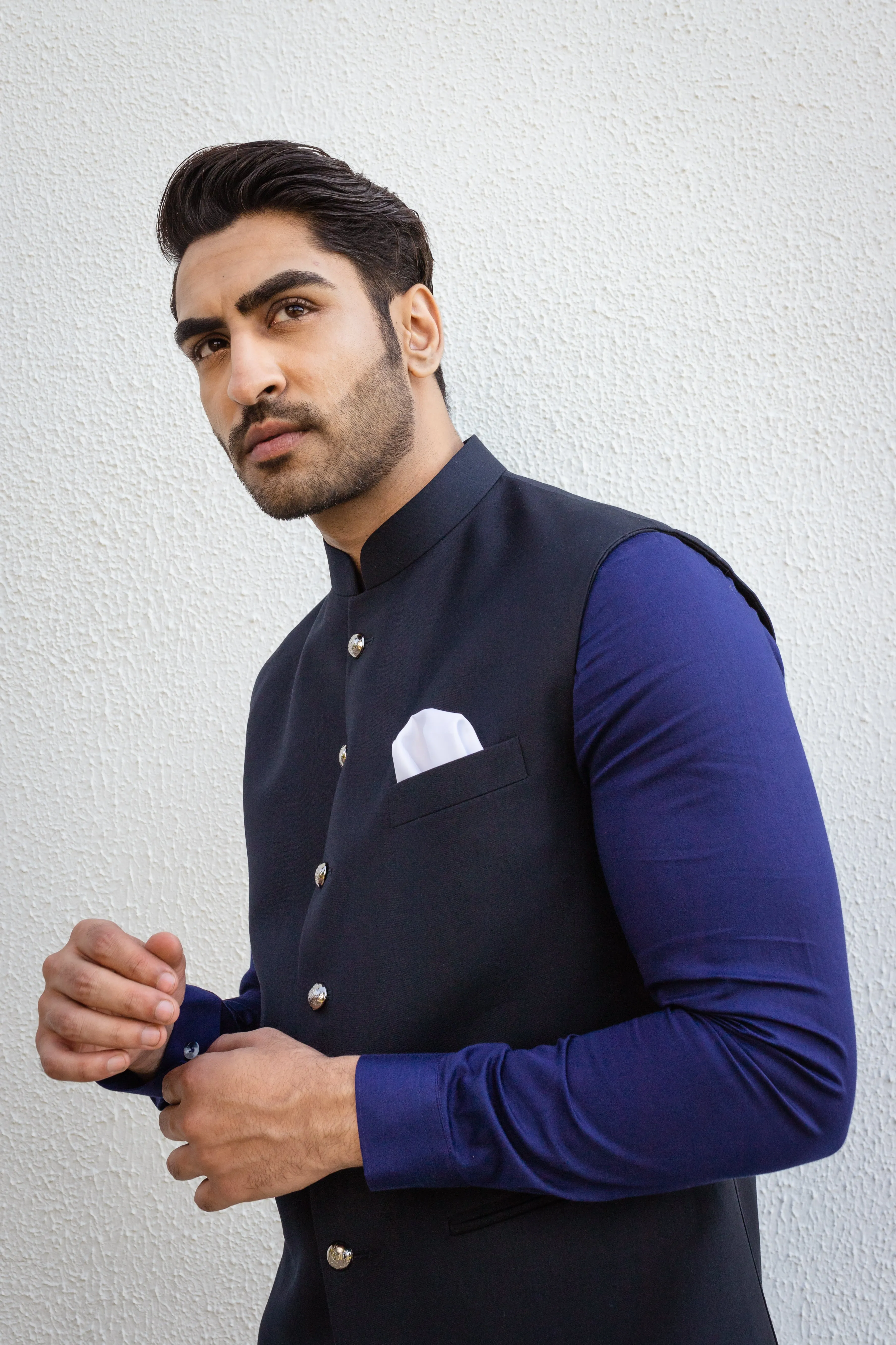 Blue Cotton Satin Kurta With Solid Nehru Jacket.