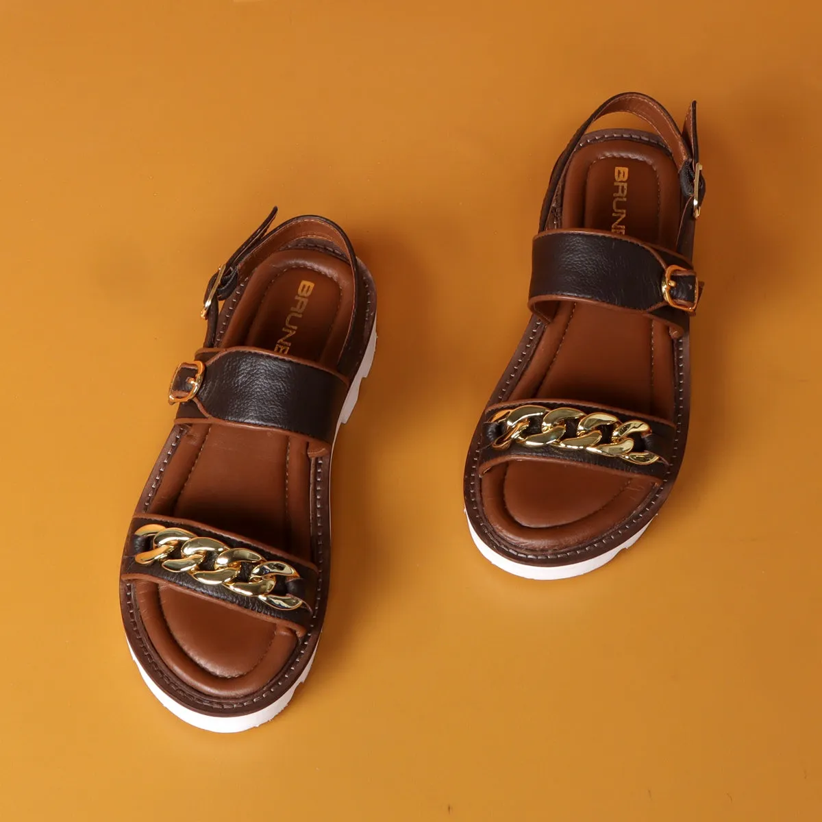 Chain Embellished Brown Sandal with White Chunky Sole