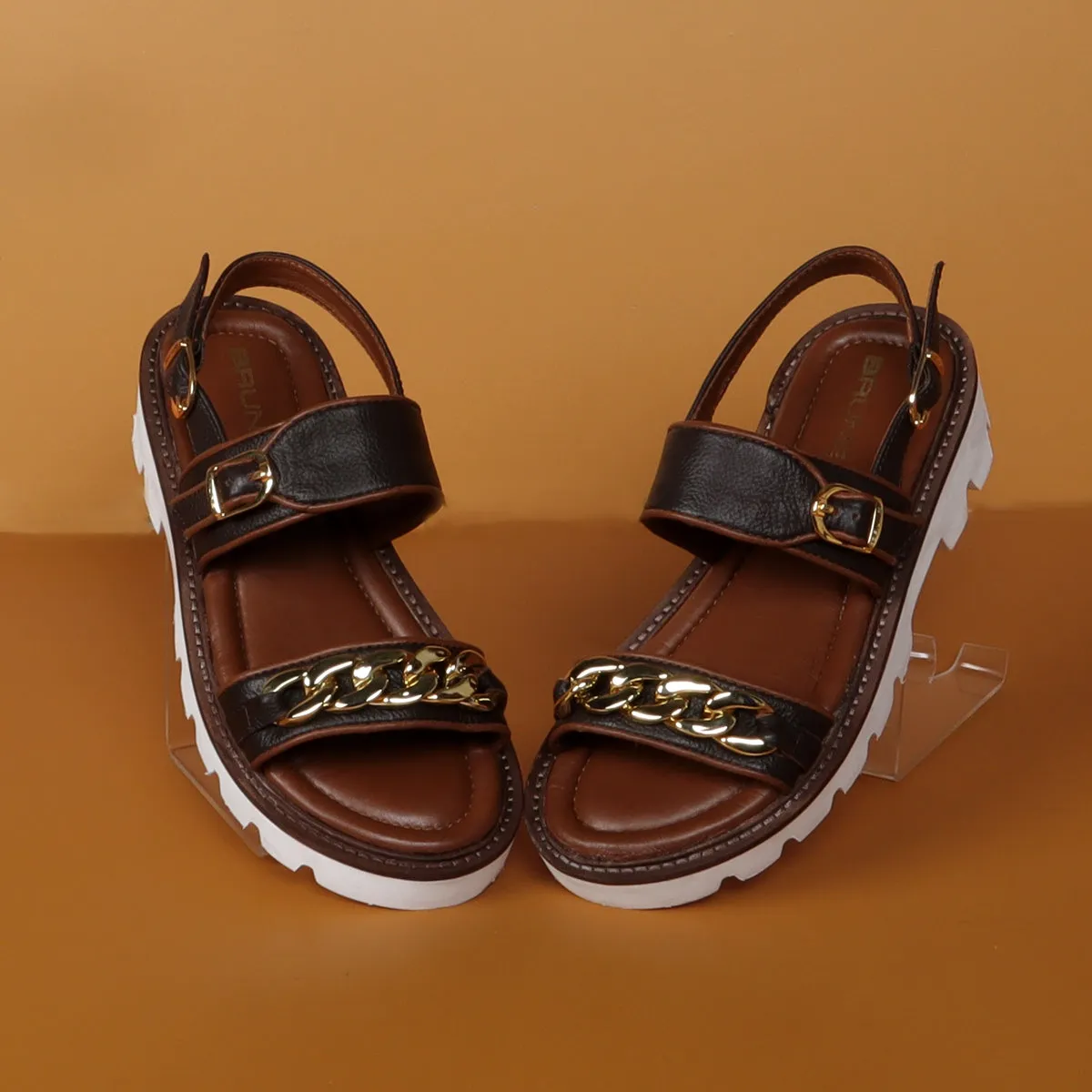 Chain Embellished Brown Sandal with White Chunky Sole