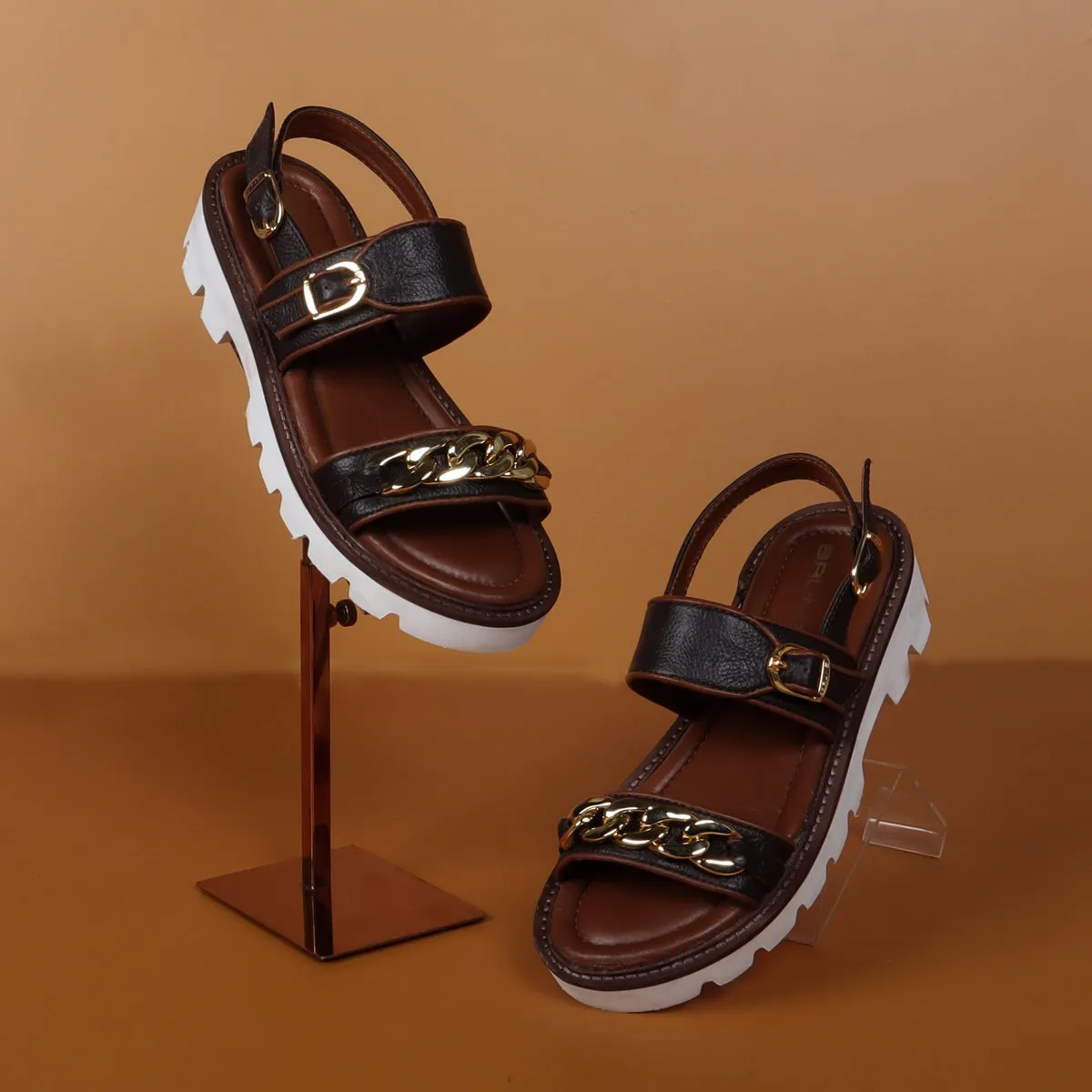 Chain Embellished Brown Sandal with White Chunky Sole