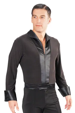 Dance America MS42 Men's Simple Satin Collared Zipper Closure Latin Dance Shirt with Trunks in Stock