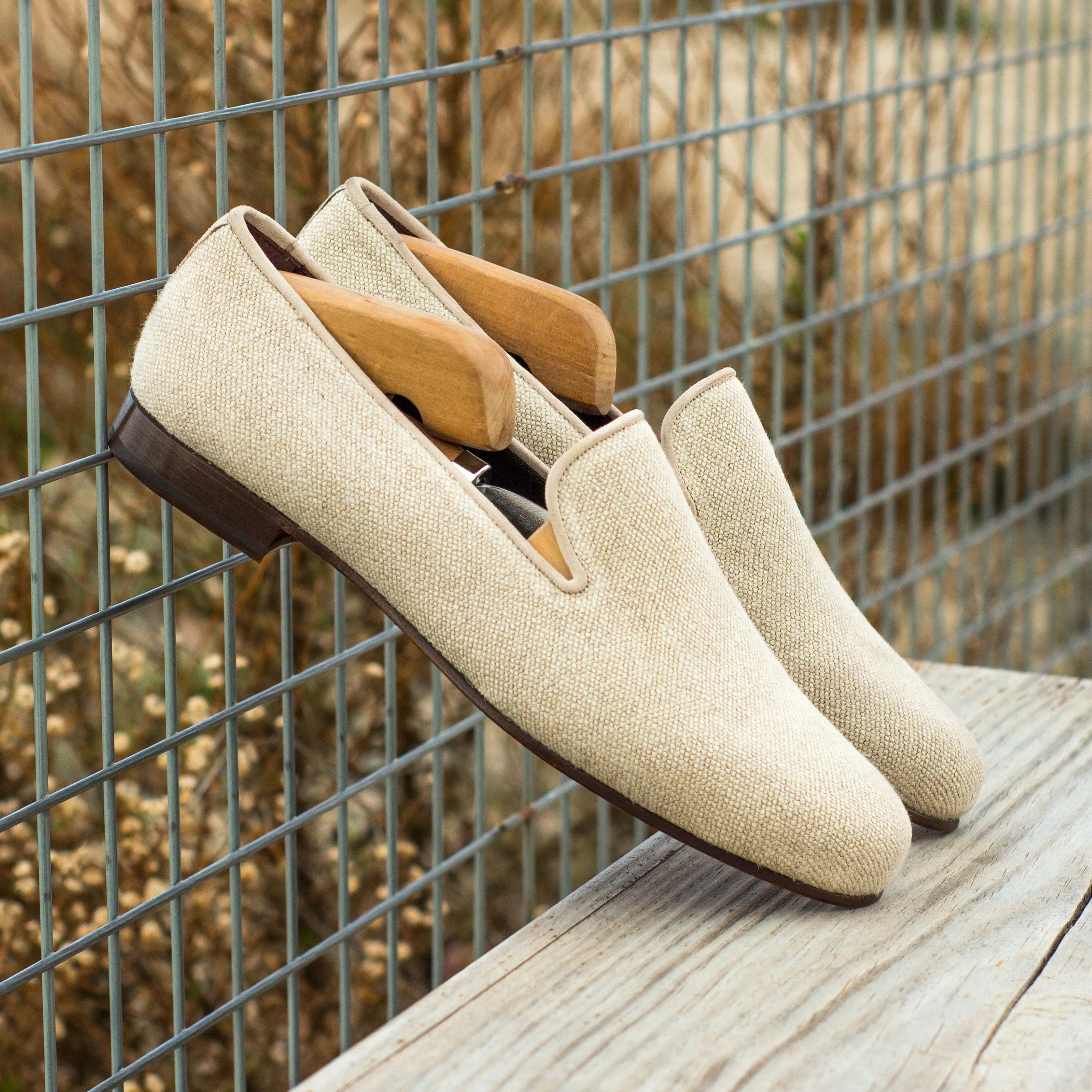 DapperFam Enzo in Ice / Ivory Men's Linen & Italian Suede Slipper