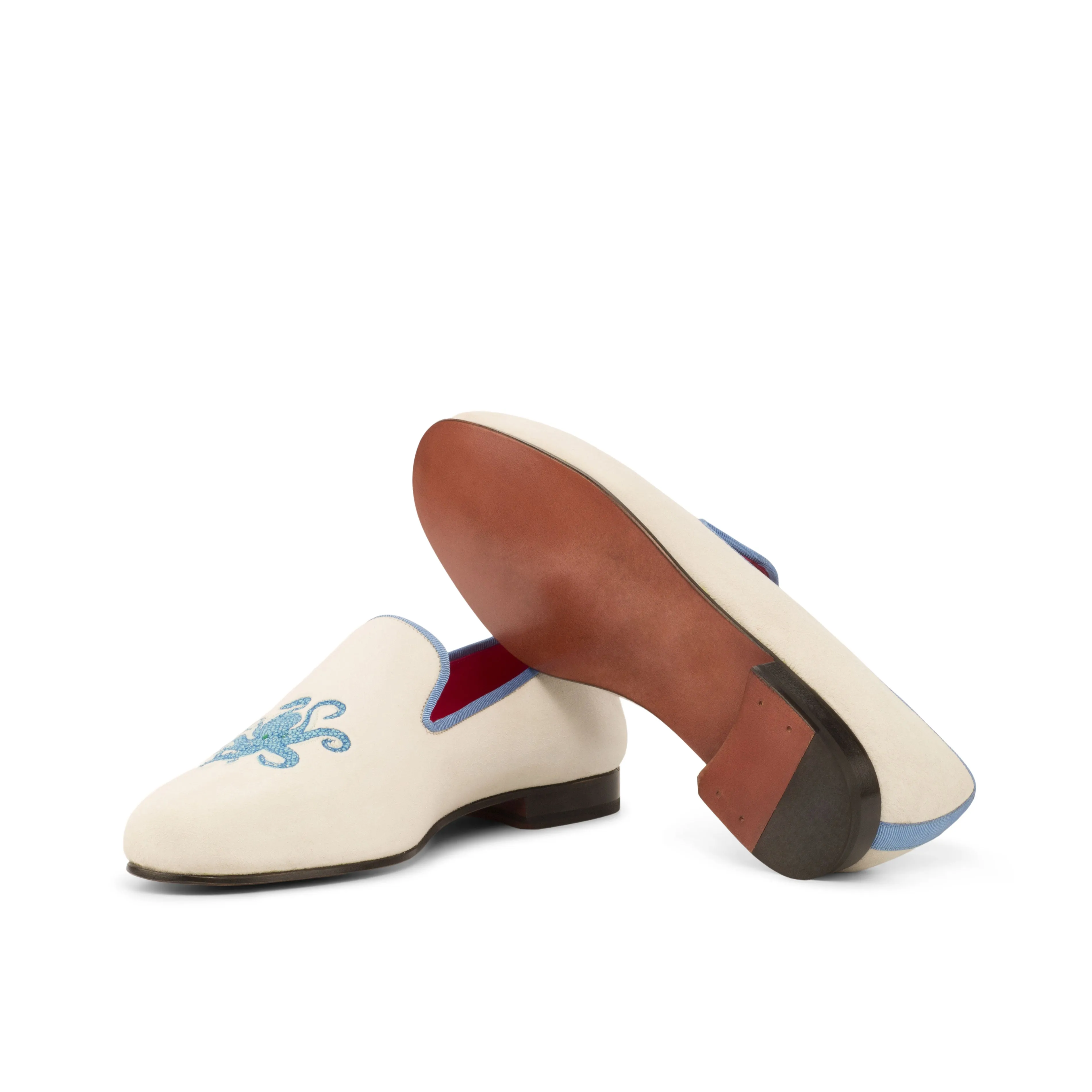 DapperFam Enzo in White / Medium Blue Men's Suede & Grossgrain Slipper