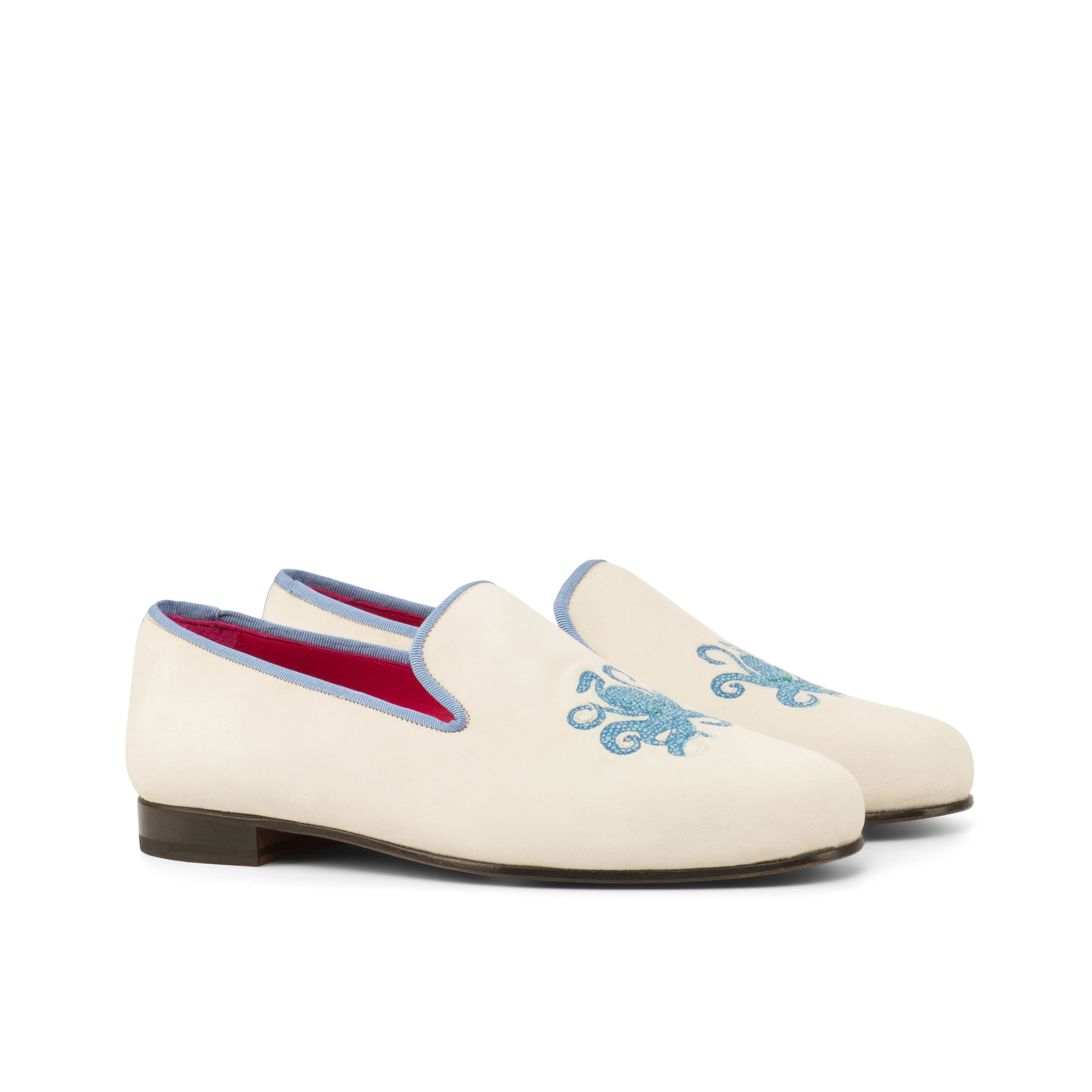 DapperFam Enzo in White / Medium Blue Men's Suede & Grossgrain Slipper