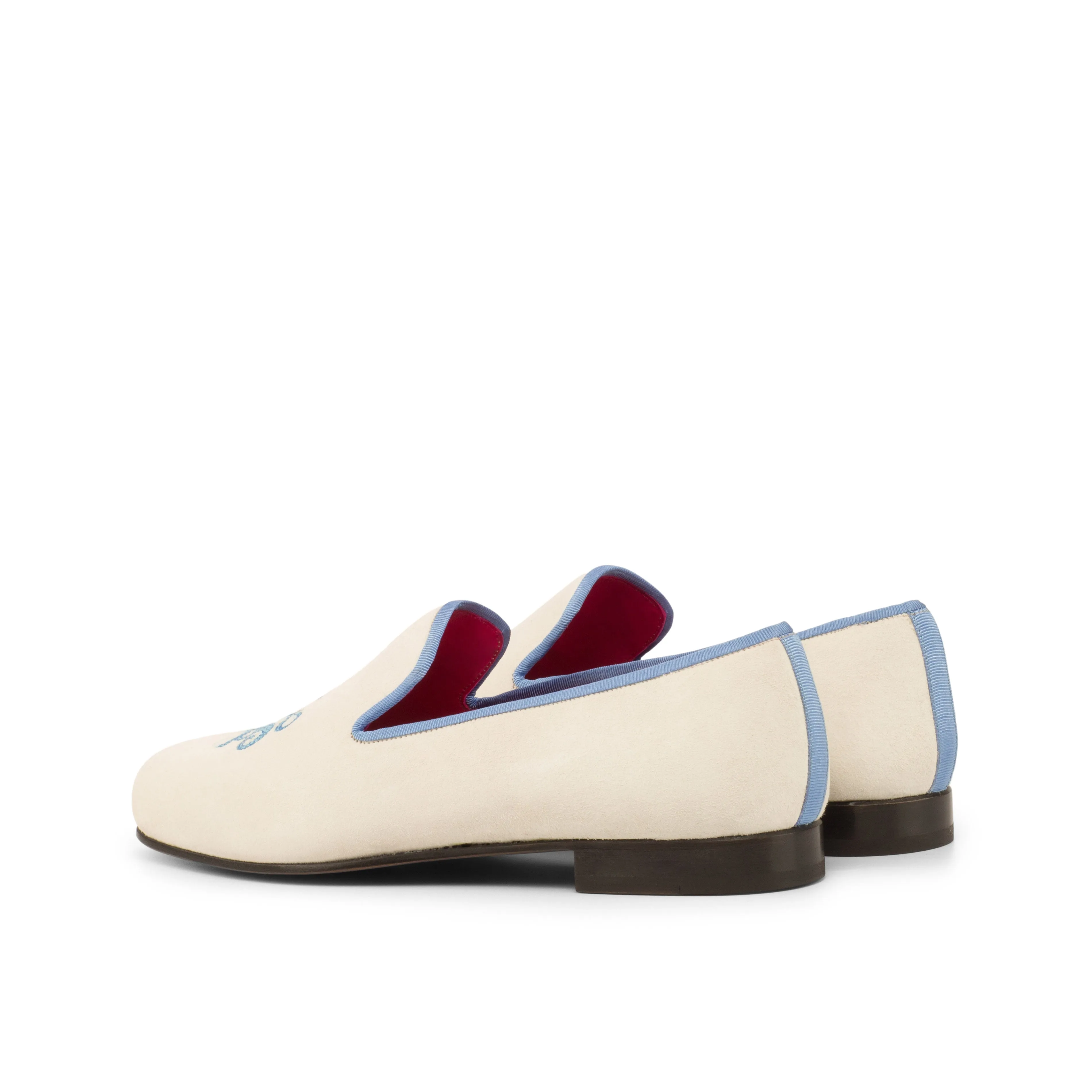 DapperFam Enzo in White / Medium Blue Men's Suede & Grossgrain Slipper