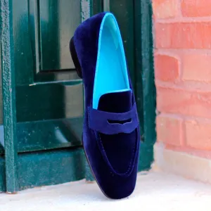 DapperFam Khalil in Navy / Blue Men's Velvet & Suede & Grossgrain Slipper