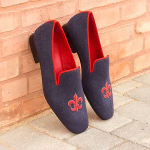 DapperFam Khalil in Navy / Red Men's Linen & Grossgrain Slipper