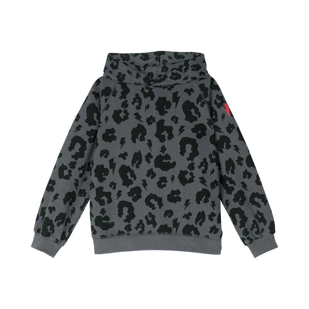 Kids Super Soft Hoodie Grey Leopard and Lightning Bolt