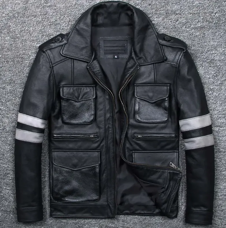 Men's Genuine Cowhide Leather Jacket with Pockets