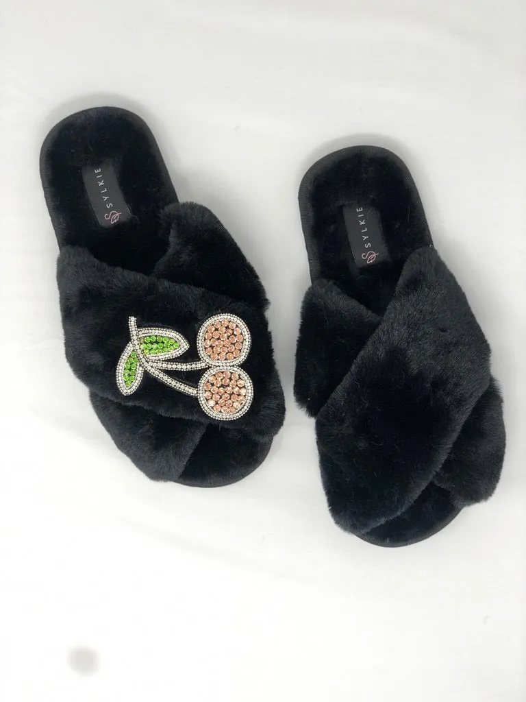 Pink Cherry Cross Slipper Black